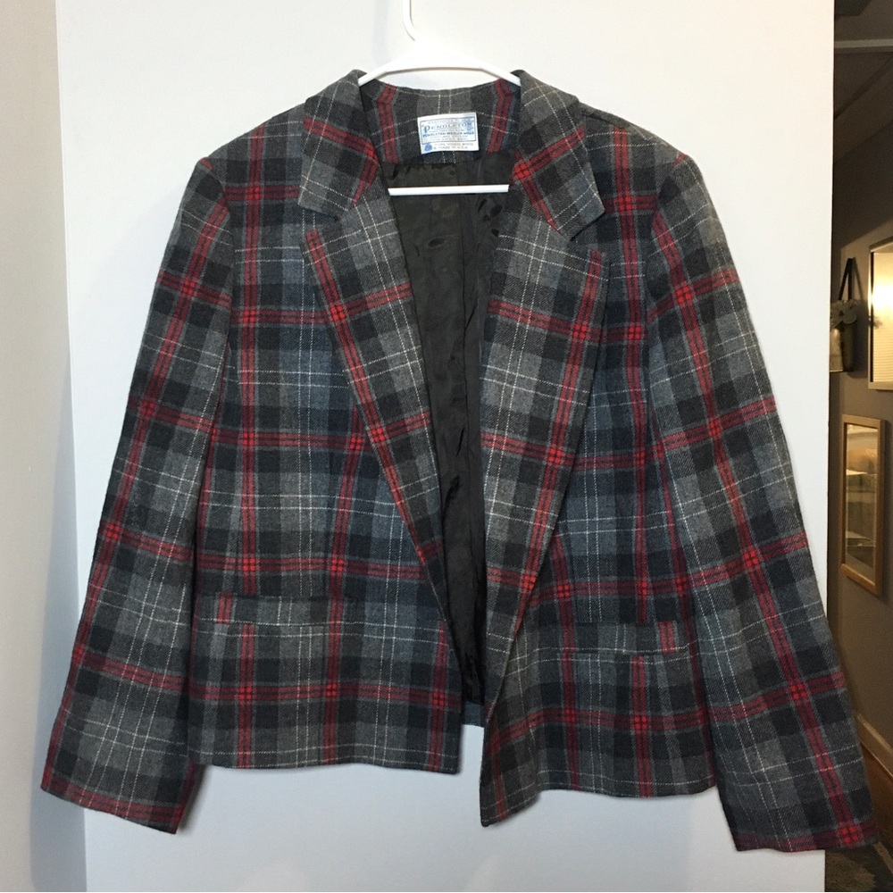 Vintage Pendleton Grey Red Plaid Wool Men’s Blazer Suit Jacket 40